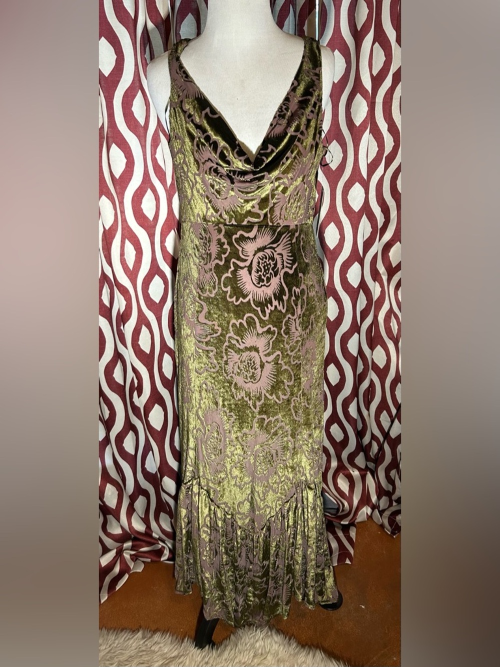 Velvet Floral Cowl Neck Maxi Dress in Olive Green & Dusty Rose